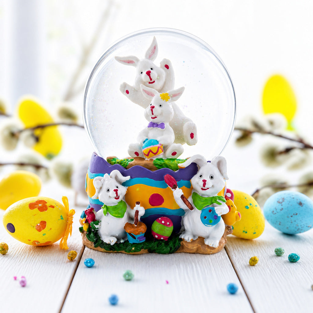 Spring Easter Egg Painting Rabbits Music Box Snow Globe 6 Inches Tall | Easter > Water Globes > Bunnies | Wiccan Center