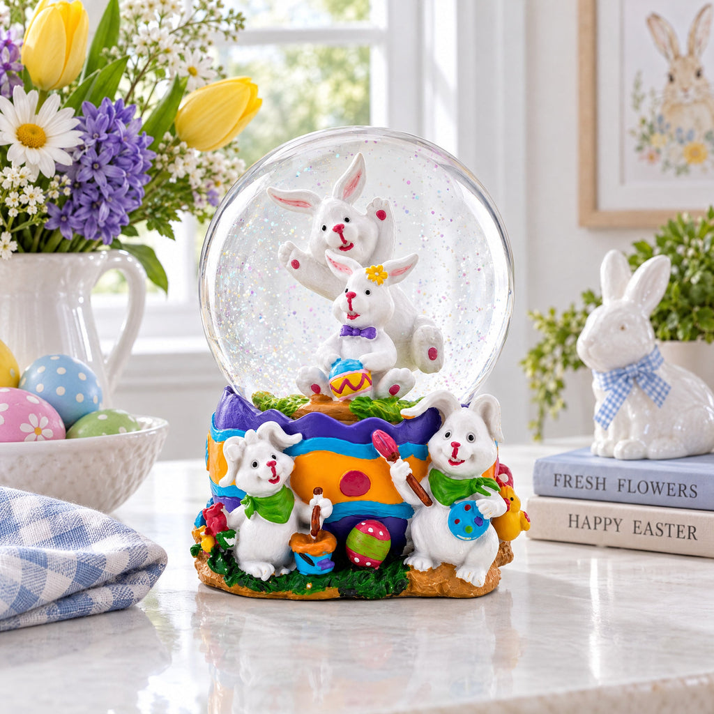 Spring Easter Egg Painting Rabbits Music Box Snow Globe 6 Inches Tall | Easter > Water Globes > Bunnies | Wiccan Center