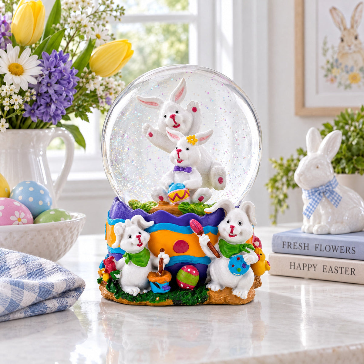 Spring Easter Egg Painting Rabbits Music Box Snow Globe 6 Inches Tall | Easter > Water Globes > Bunnies | Wiccan Center