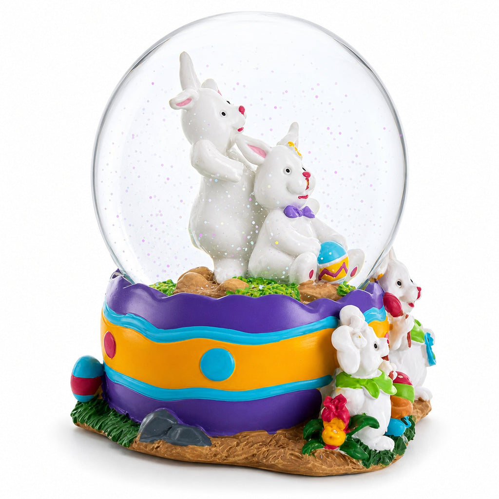 Spring Easter Egg Painting Rabbits Music Box Snow Globe 6 Inches Tall | Easter > Water Globes > Bunnies | Wiccan Center