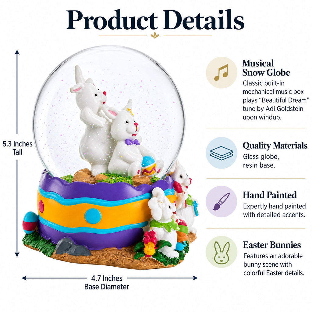 Spring Easter Egg Painting Rabbits Music Box Snow Globe 6 Inches Tall | Easter > Water Globes > Bunnies | Wiccan Center