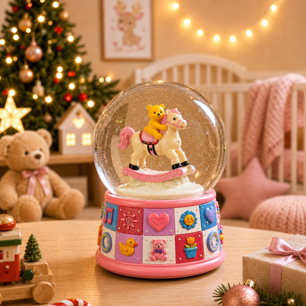 Teddy Bear Rocking Horse Musical Snow Globe - Nursery Decor 5.7 Inches | Snow Globes > Baby | Wiccan Center