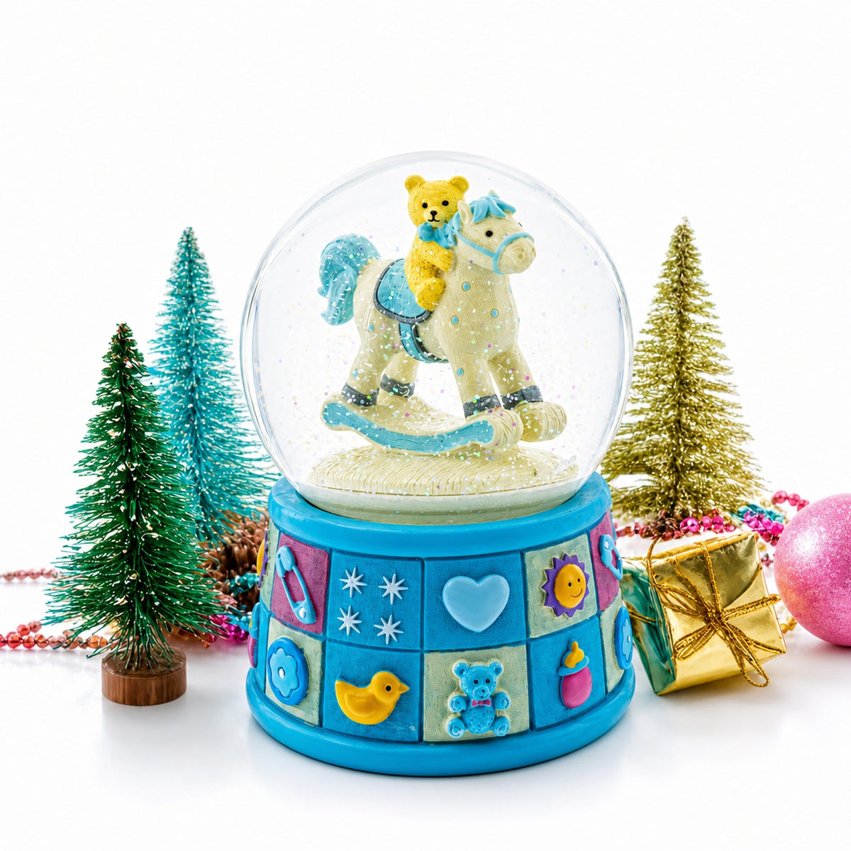Teddy Bear on Rocking Horse Baby Boy Musical Water Snow Globe | Snow Globes > Baby | Wiccan Center
