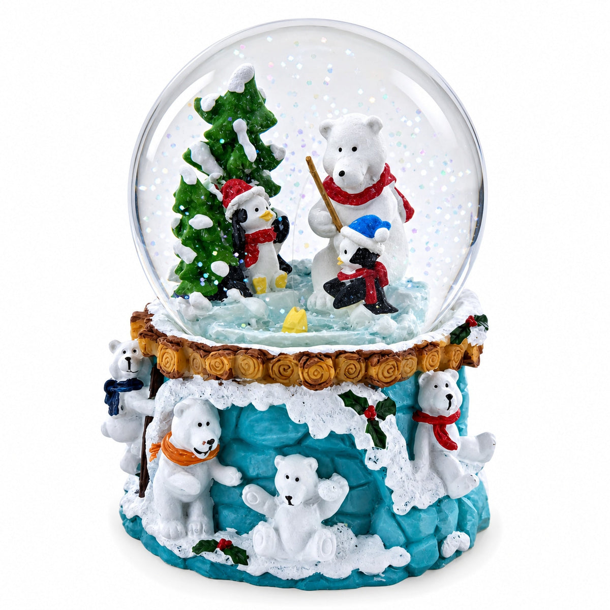 Bear and Penguins Fishing Musical Christmas Water Snow Globe | Snow Globes > Animals | Wiccan Center