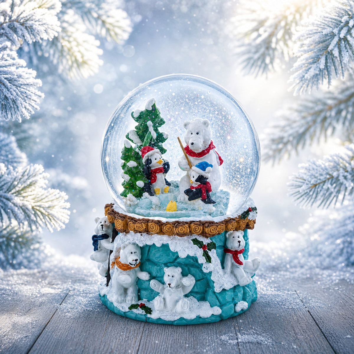 Bear and Penguins Fishing Musical Christmas Water Snow Globe | Snow Globes > Animals | Wiccan Center