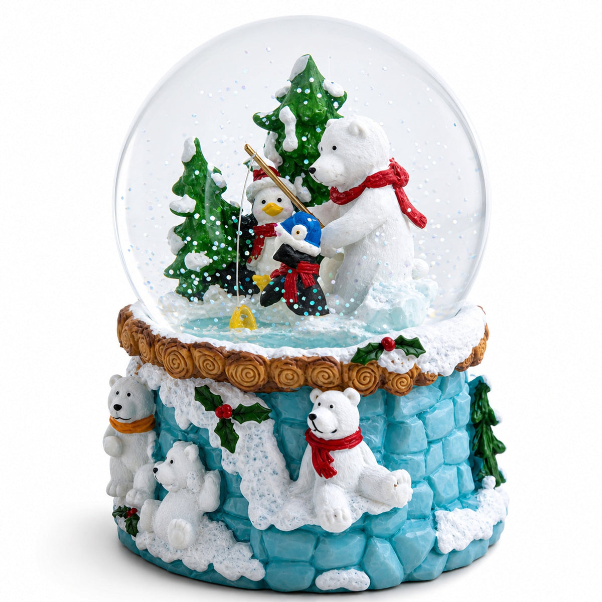Bear and Penguins Fishing Musical Christmas Water Snow Globe | Snow Globes > Animals | Wiccan Center
