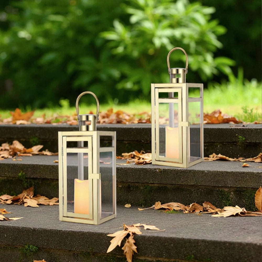 12'' High Metal Candle Holder Outdoor Candle Lantern with Tempered Panels | Decorative Candle Lanterns | Wiccan Center