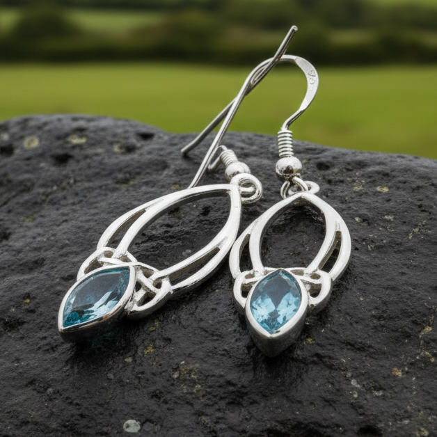 Ania Celtic Trinity Knot Blue Topaz Earrings | Dangle Earrings | Wiccan Center