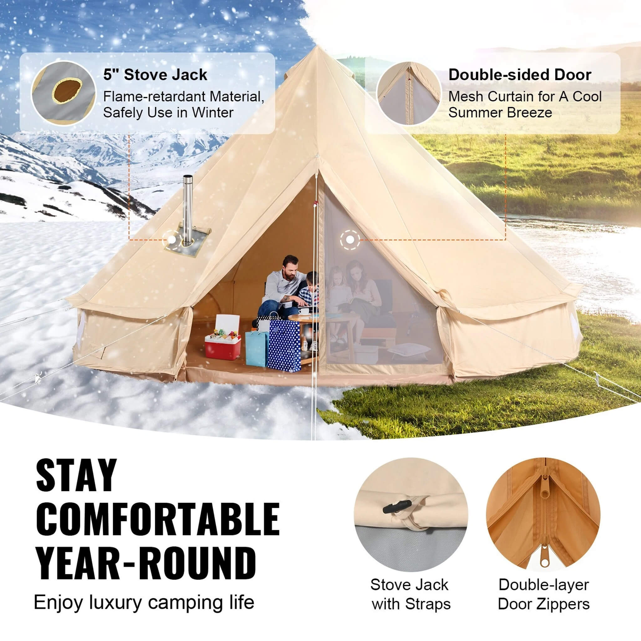 Premium 4-Season Camping Canvas Bell Yurt Tent With Stove Jack (SAK47589) | Yurt Tents | Wiccan Center