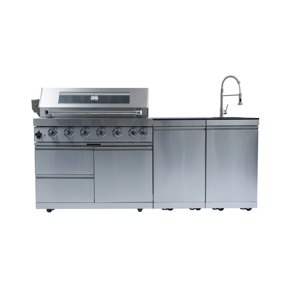 Castelle Flame Tuscany Outdoor BBQ Liquid Propane Kitchen Grill Island With 43-Inch 6-Burner 85K BTU Propane Gas Grill, Rotisserie Kit, And Storage Cabinets (SAK95623) | Outdoor Kitchen Islands | Wiccan Center