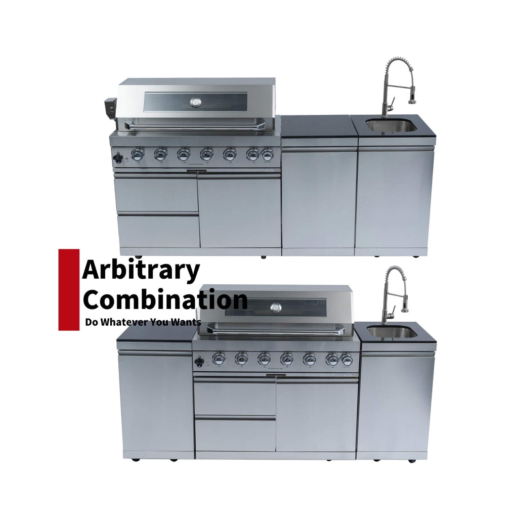 Castelle Flame Tuscany Outdoor BBQ Liquid Propane Kitchen Grill Island With 43-Inch 6-Burner 85K BTU Propane Gas Grill, Rotisserie Kit, And Storage Cabinets (SAK95623) | Outdoor Kitchen Islands | Wiccan Center