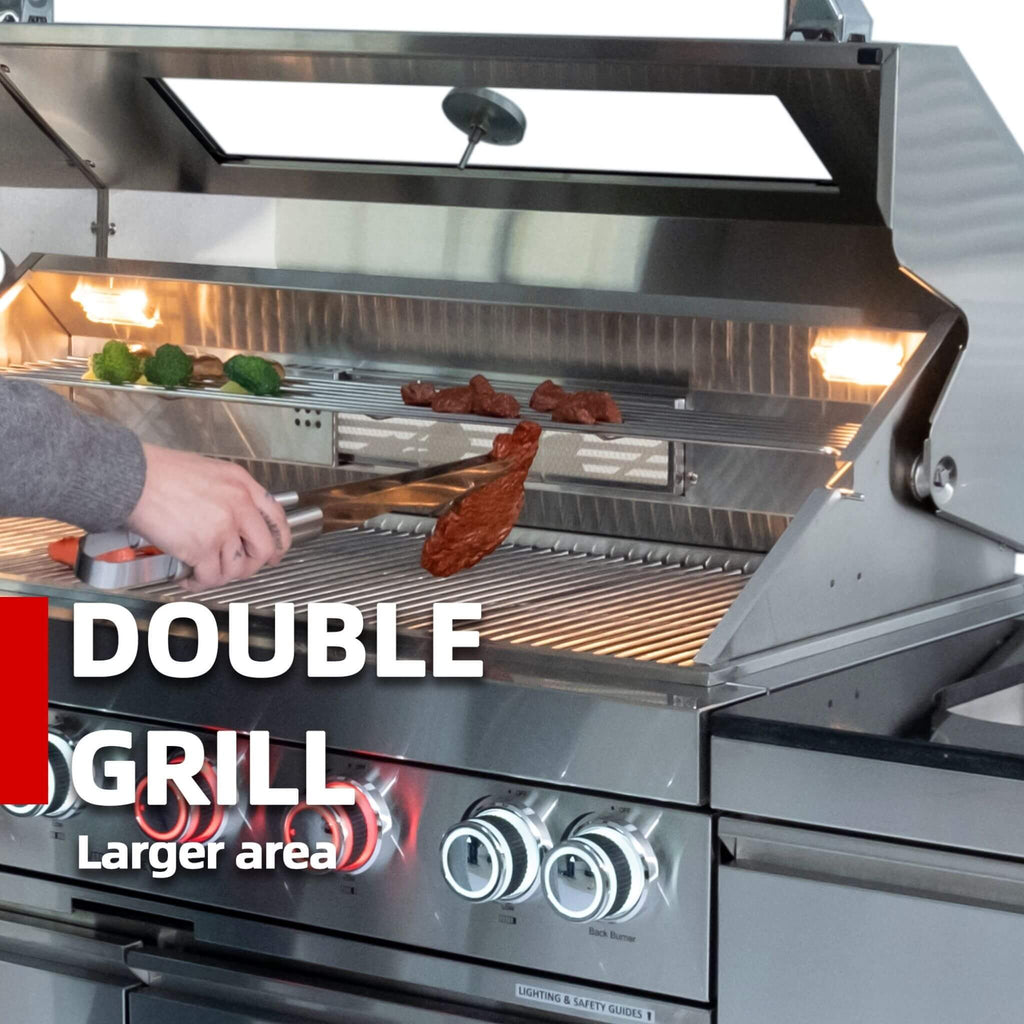 Castelle Flame Tuscany Outdoor BBQ Liquid Propane Kitchen Grill Island With 43-Inch 6-Burner 85K BTU Propane Gas Grill, Rotisserie Kit, And Storage Cabinets (SAK95623) | Outdoor Kitchen Islands | Wiccan Center