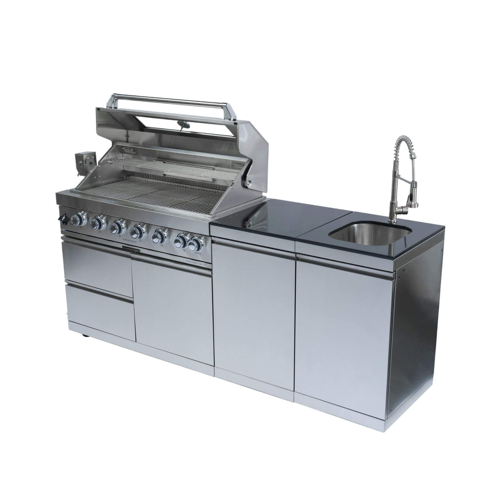Castelle Flame Tuscany Outdoor BBQ Liquid Propane Kitchen Grill Island With 43-Inch 6-Burner 85K BTU Propane Gas Grill, Rotisserie Kit, And Storage Cabinets (SAK95623) | Outdoor Kitchen Islands | Wiccan Center