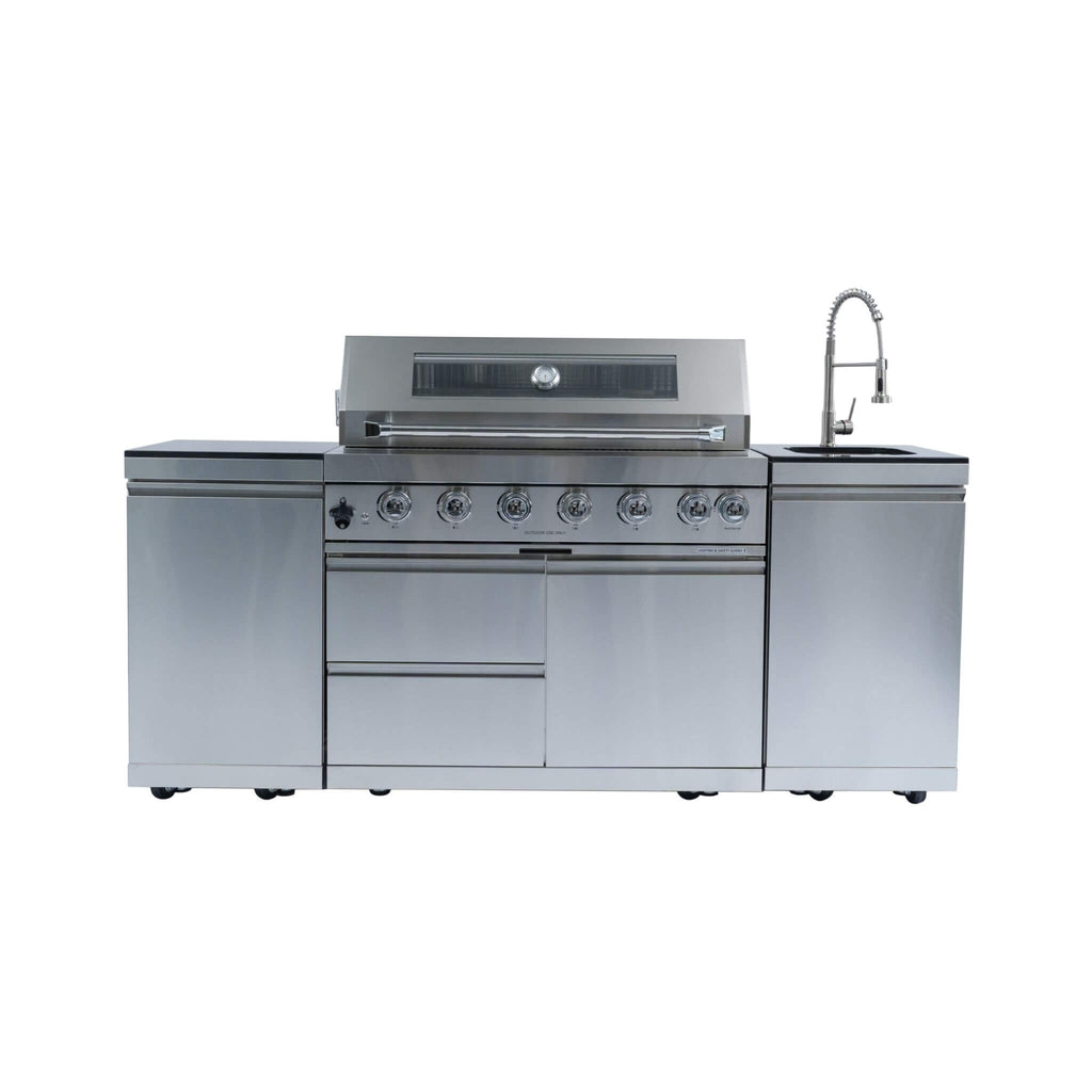 Castelle Flame Tuscany Outdoor BBQ Liquid Propane Kitchen Grill Island With 43-Inch 6-Burner 85K BTU Propane Gas Grill, Rotisserie Kit, And Storage Cabinets (SAK95623) | Outdoor Kitchen Islands | Wiccan Center