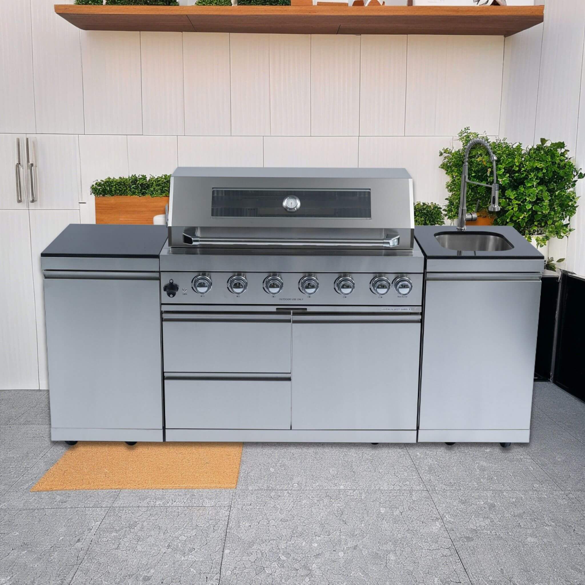 Castelle Flame Tuscany Outdoor BBQ Liquid Propane Kitchen Grill Island With 43-Inch 6-Burner 85K BTU Propane Gas Grill, Rotisserie Kit, And Storage Cabinets (SAK95623) | Outdoor Kitchen Islands | Wiccan Center