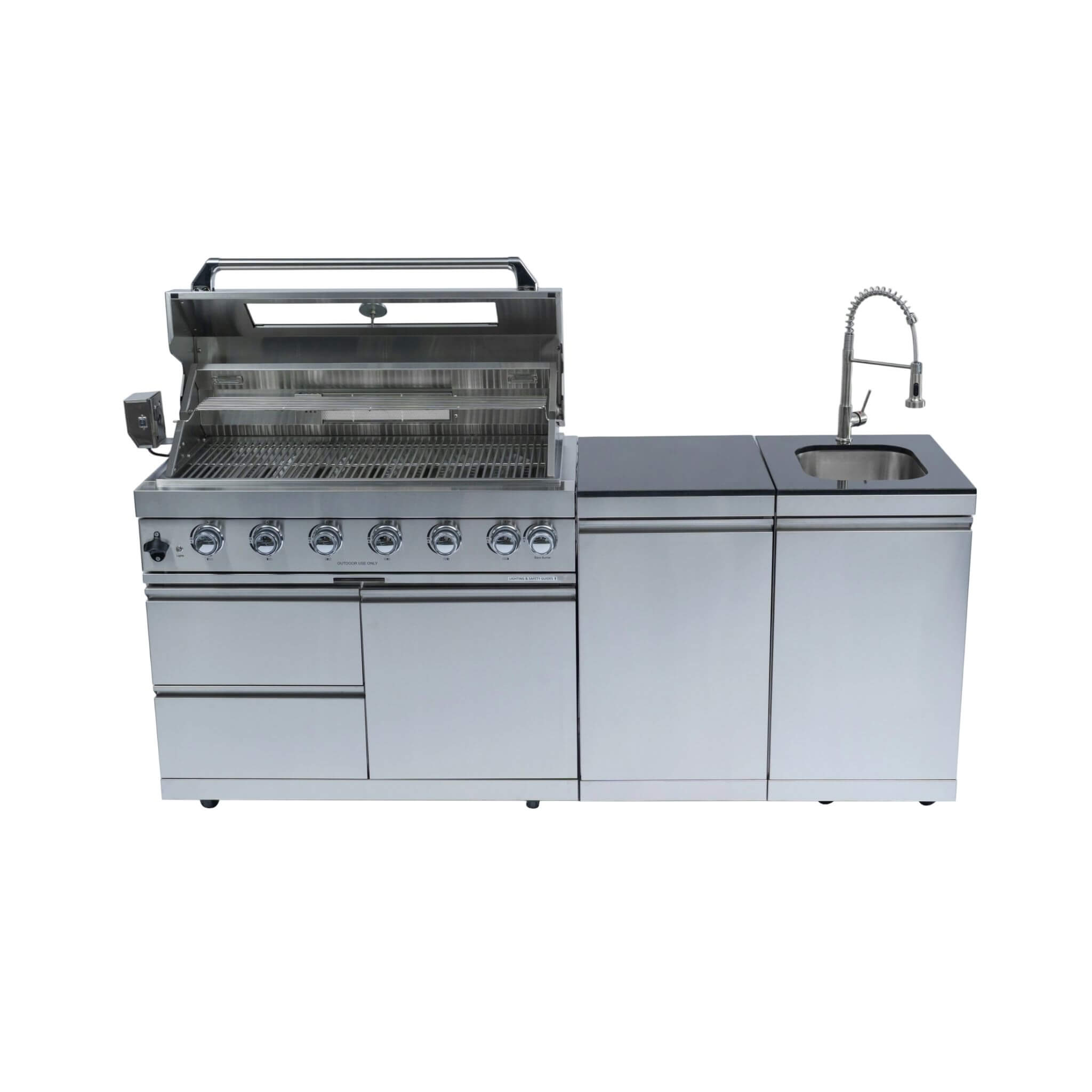 Castelle Flame Tuscany Outdoor BBQ Liquid Propane Kitchen Grill Island With 43-Inch 6-Burner 85K BTU Propane Gas Grill, Rotisserie Kit, And Storage Cabinets (SAK95623) | Outdoor Kitchen Islands | Wiccan Center