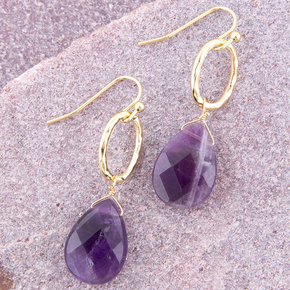 Pretty Drops of Purple Amethyst Golden Drop Earrings | Earrings | Wiccan Center