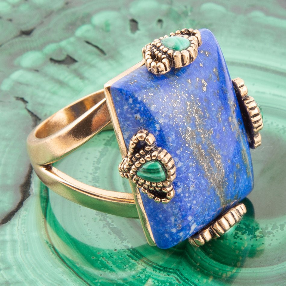 Prismatic Blue Lapis and Malachite Golden Ring | rings | Wiccan Center