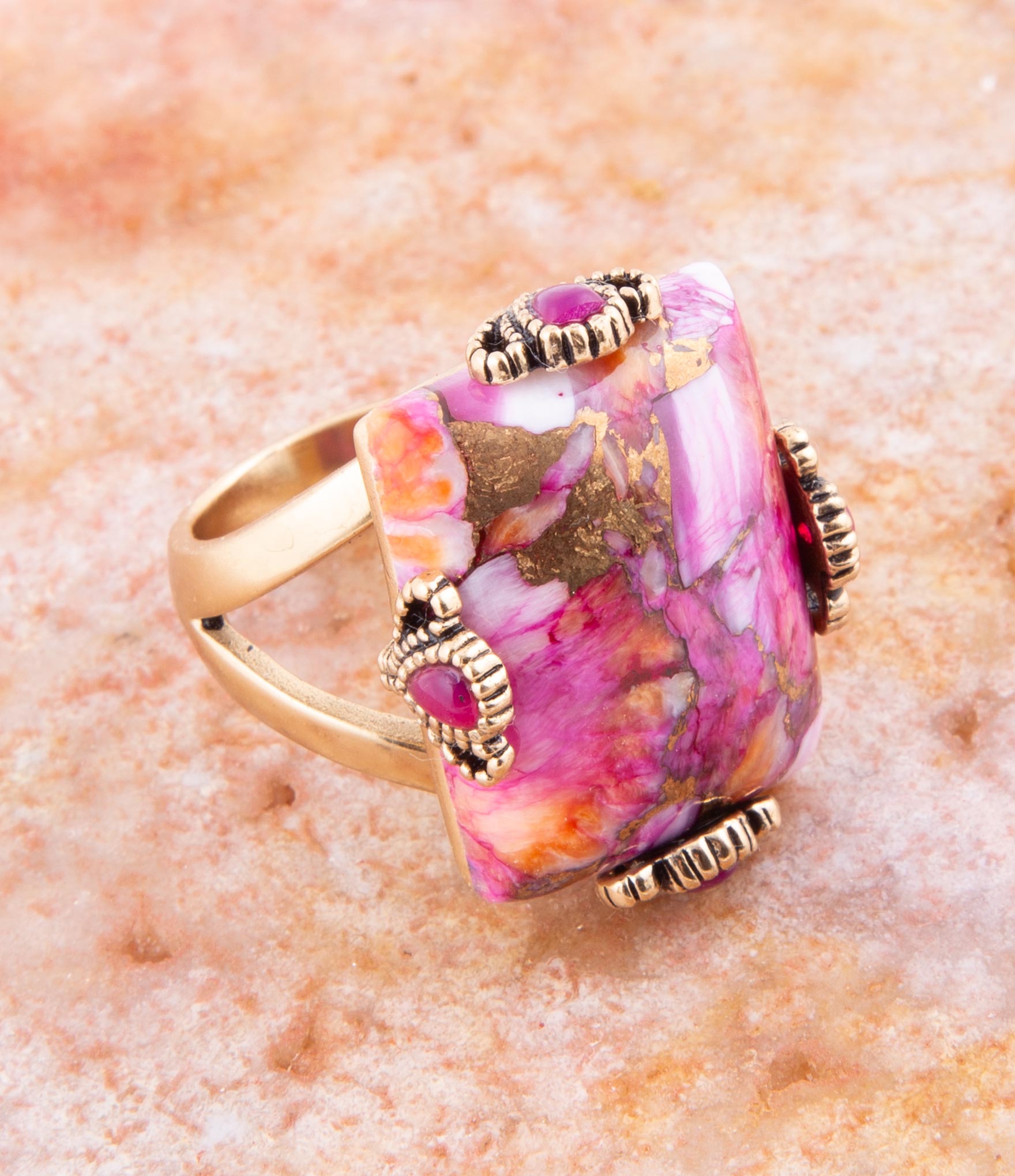 Prismatic Pink Spiny Oyster Matrix Statement Ring | Rings | Wiccan Center
