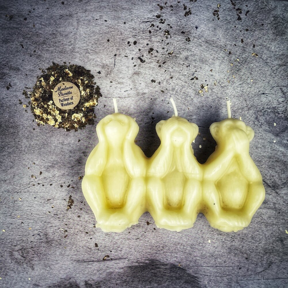 Beeswax Three Wise Monkeys Spell Candle - Stop Jealous Gossip & Silence Enemies Magic | Beeswax Candle | Wiccan Center