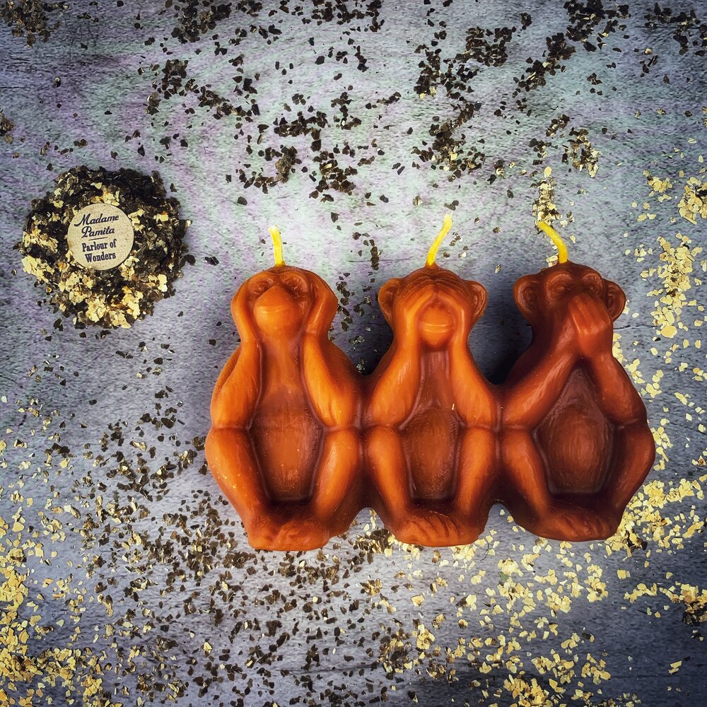Beeswax Three Wise Monkeys Spell Candle - Stop Jealous Gossip & Silence Enemies Magic | Beeswax Candle | Wiccan Center