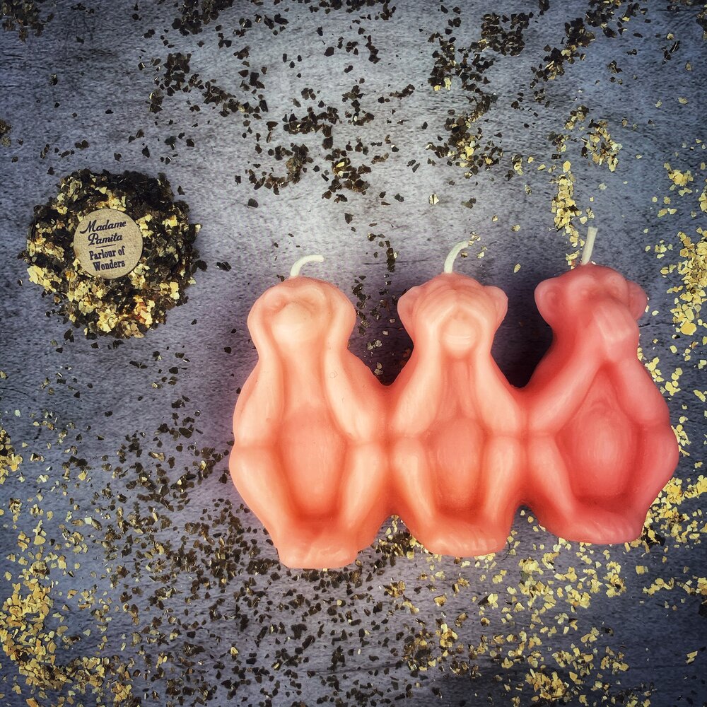 Beeswax Three Wise Monkeys Spell Candle - Stop Jealous Gossip & Silence Enemies Magic | Beeswax Candle | Wiccan Center
