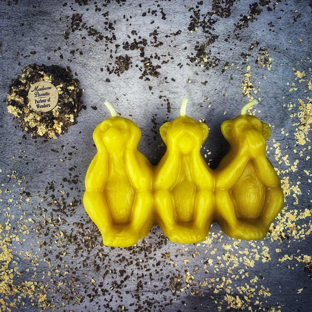 Beeswax Three Wise Monkeys Spell Candle - Stop Jealous Gossip & Silence Enemies Magic | Beeswax Candle | Wiccan Center