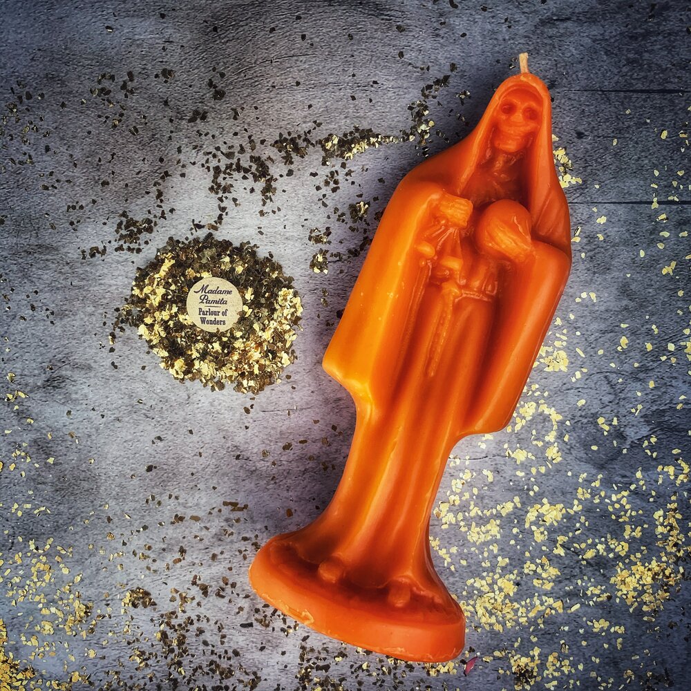 Beeswax Santa Muerte Spell Candle - Sacred Folk Saint Devotion & Protection Magic | Beeswax Candle | Wiccan Center