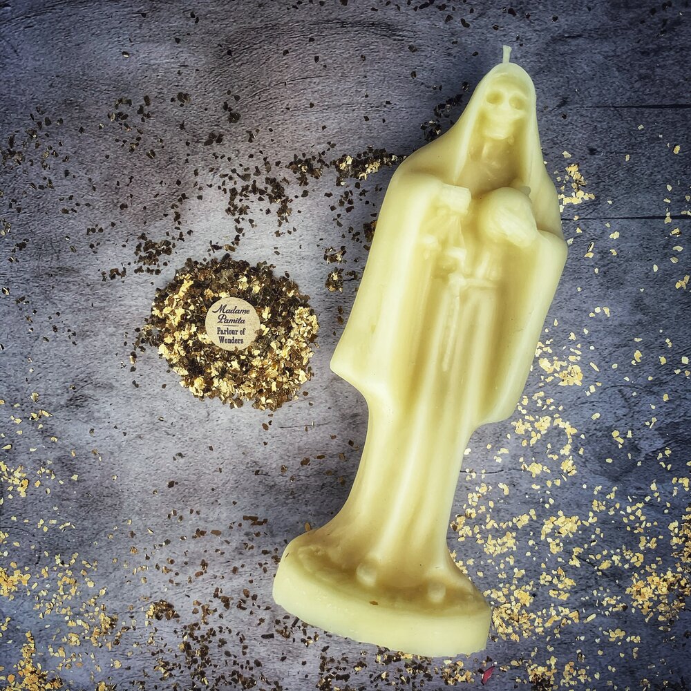 Beeswax Santa Muerte Spell Candle - Sacred Folk Saint Devotion & Protection Magic | Beeswax Candle | Wiccan Center