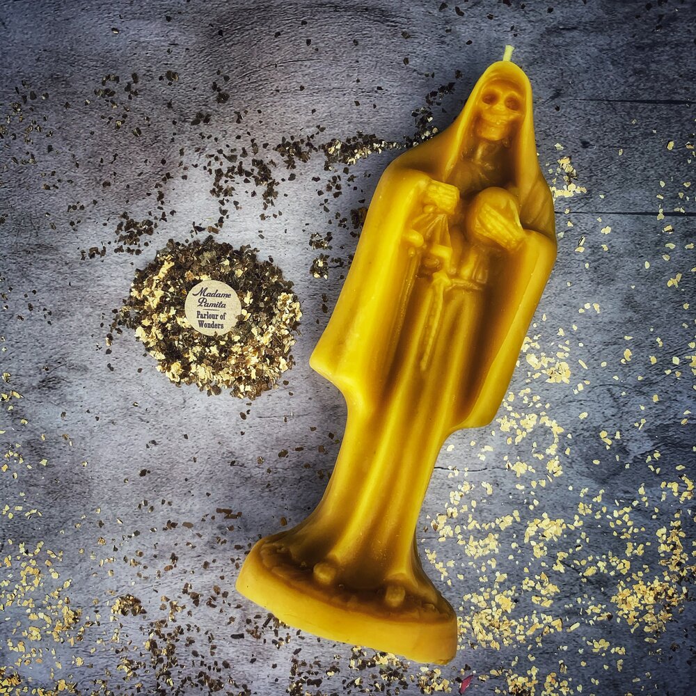 Beeswax Santa Muerte Spell Candle - Sacred Folk Saint Devotion & Protection Magic | Beeswax Candle | Wiccan Center