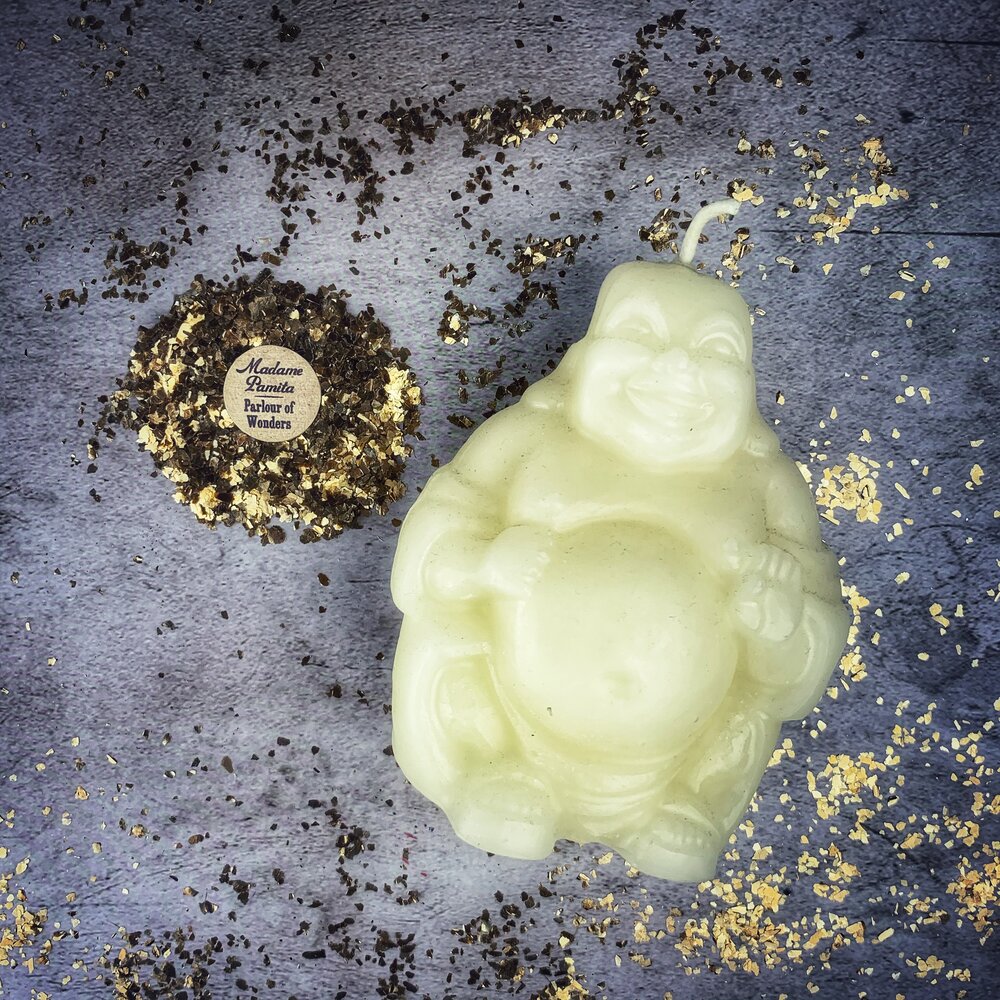 Beeswax Laughing Buddha Spell Candle - Wealth, Luck & Prosperity Magic | Beeswax Candle | Wiccan Center