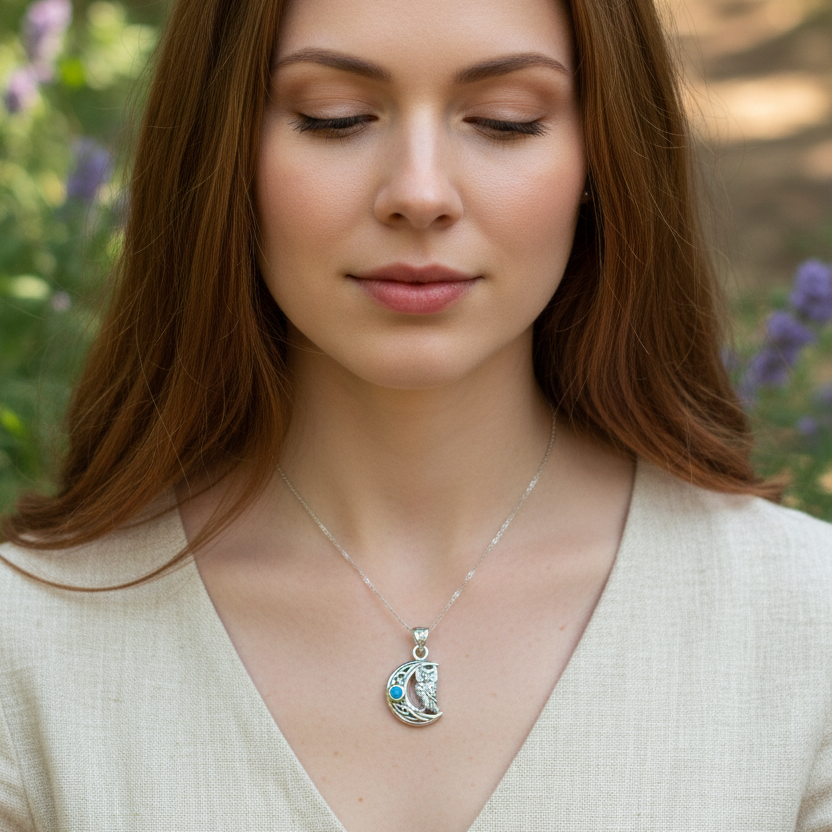 Owl Crescent Moon Necklace in Sterling Silver | Pendant | Wiccan Center