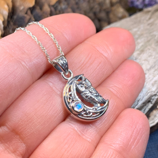 Owl Crescent Moon Necklace in Sterling Silver | Pendant | Wiccan Center