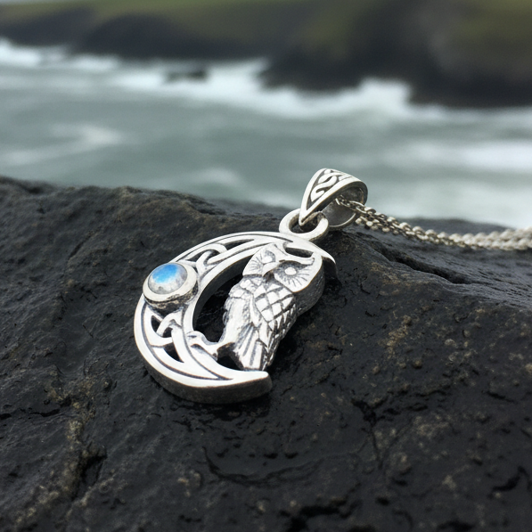Owl Crescent Moon Necklace in Sterling Silver | Pendant | Wiccan Center