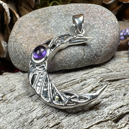 Aulay Celtic Raven Moon Necklace in Sterling Silver