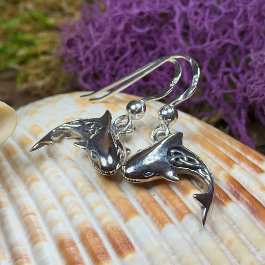 Celtic Shark Earrings in Sterling Silver | Dangle Earrings | Wiccan Center