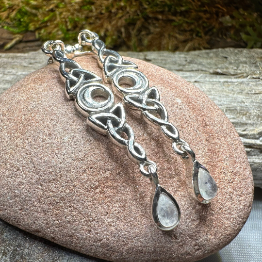 Galette Moonstone Celtic Moon Earrings in Sterling Silver | Dangle Earrings | Wiccan Center