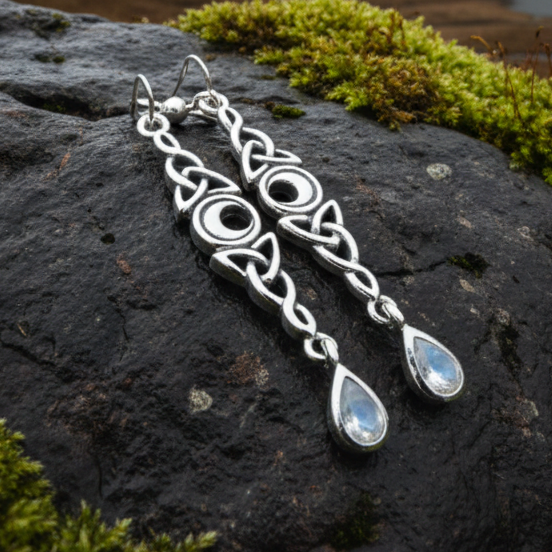 Galette Moonstone Celtic Moon Earrings in Sterling Silver | Dangle Earrings | Wiccan Center