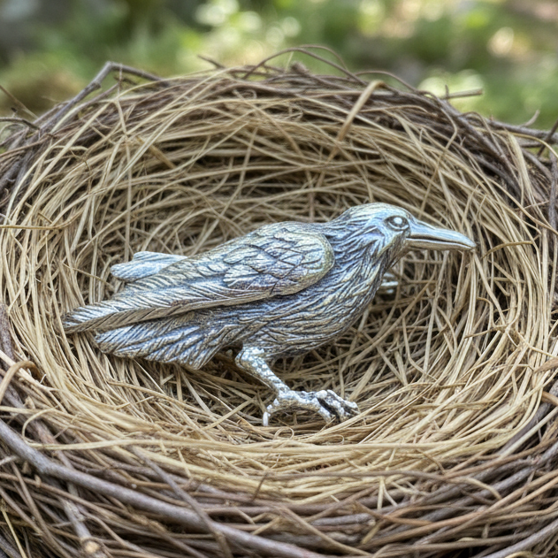 Tethra Realistic Raven Brooch in Sterling Silver