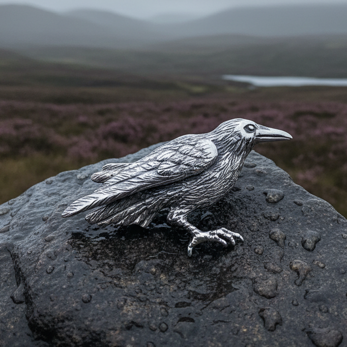 Tethra Realistic Raven Brooch in Sterling Silver | Brooch | Wiccan Center