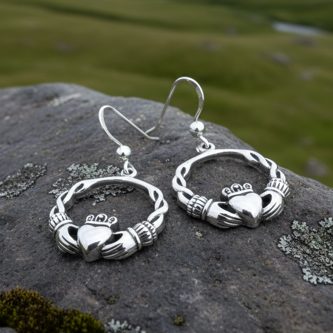 Elegant Irish Claddagh Earrings in Sterling Silver | Dangle Earrings | Wiccan Center
