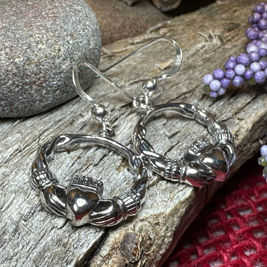 Elegant Irish Claddagh Earrings in Sterling Silver | Dangle Earrings | Wiccan Center
