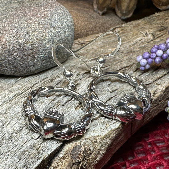 Elegant Irish Claddagh Earrings in Sterling Silver | Dangle Earrings | Wiccan Center