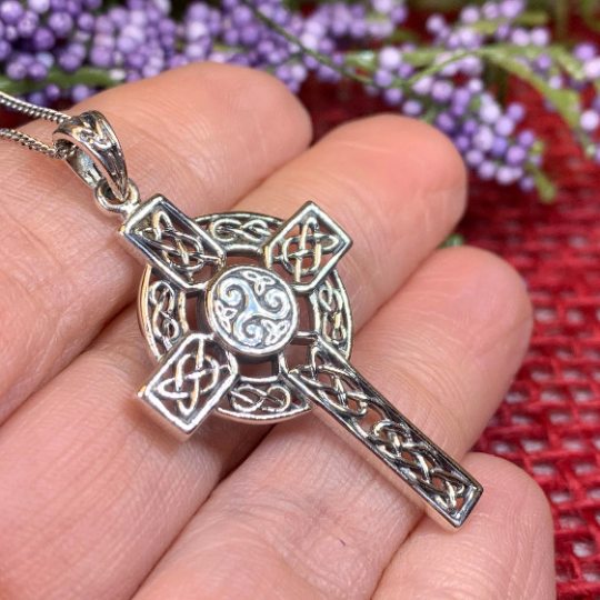 Aileran Triskele Celtic Cross Necklace in Sterling Silver | Pendant | Wiccan Center