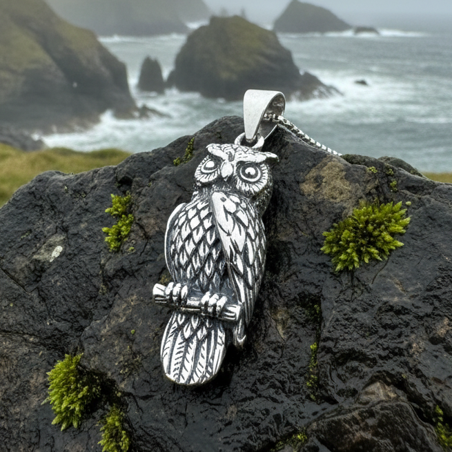 Watchful Owl Necklace in Sterling Silver | Pendant | Wiccan Center