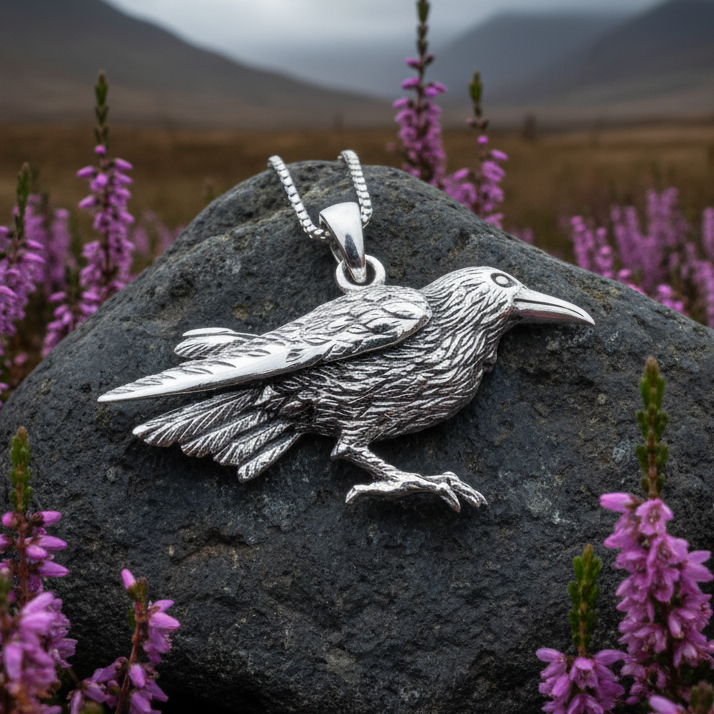 Eir Realistic Raven Necklace in Sterling Silver