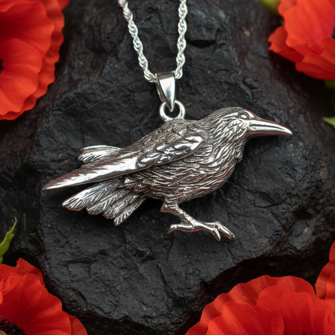 Eir Realistic Raven Necklace in Sterling Silver