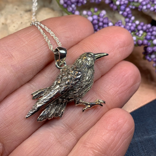 Eir Realistic Raven Necklace in Sterling Silver | Pendant | Wiccan Center
