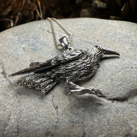 Eir Realistic Raven Necklace in Sterling Silver | Pendant | Wiccan Center