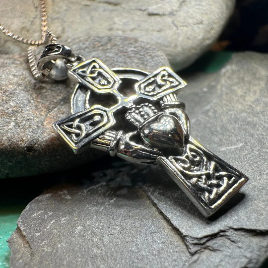 Galway Irish Claddagh Cross Necklace in Sterling Silver | Pendant | Wiccan Center